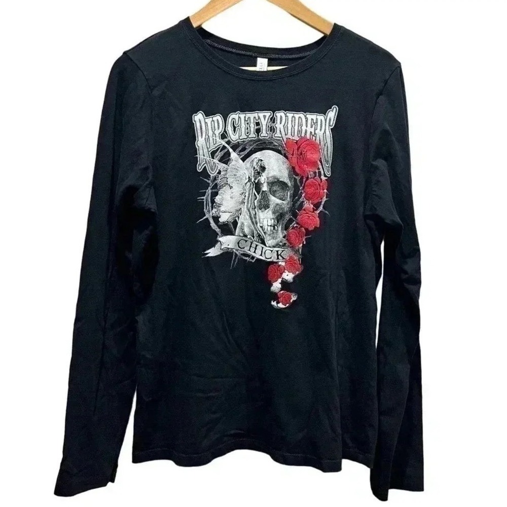 RIP City Riders Skull Roses Biker Shirt‎ Chick Graphic Bella Canvas Medium Black
